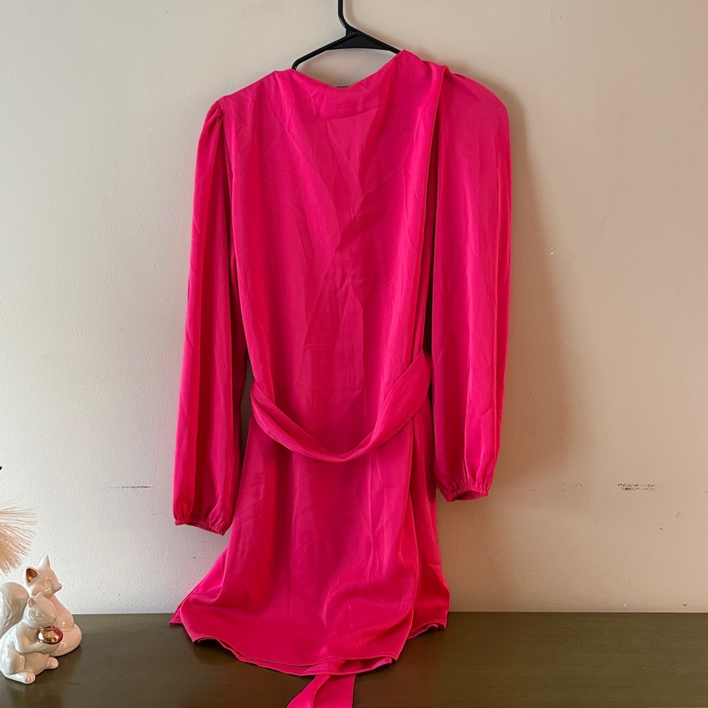 Women's Long Puff Sleeve Satin Dress V Neck Cocktail Party Belted dress (Medium) - Picture 5 of 5